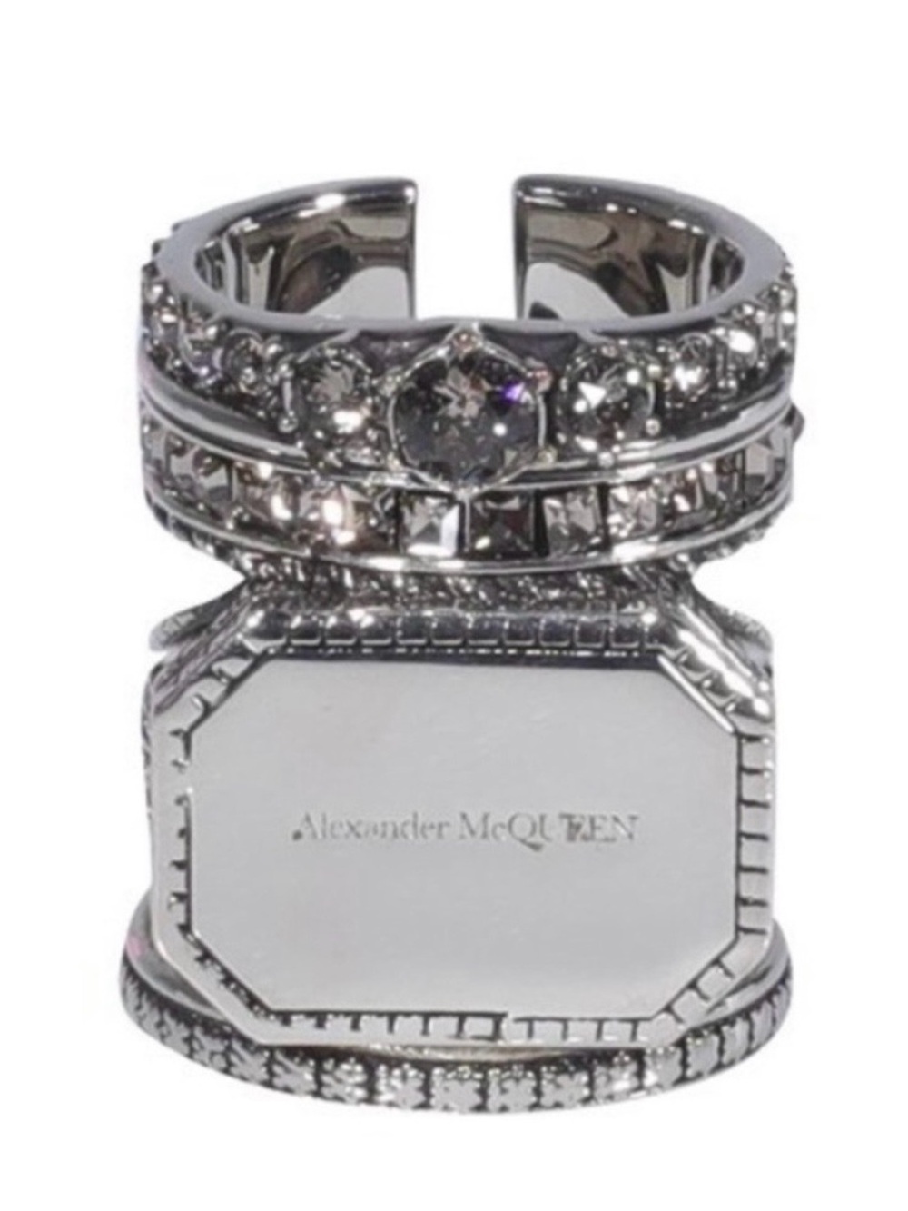 Authentic Alexander McQueen Logo Engraved Stacked Crystal Ring